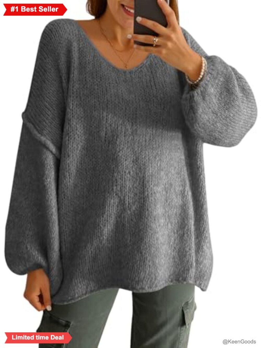 Oversized V Neck Lantern Sleeve Chunky Knit Sweater Pullover